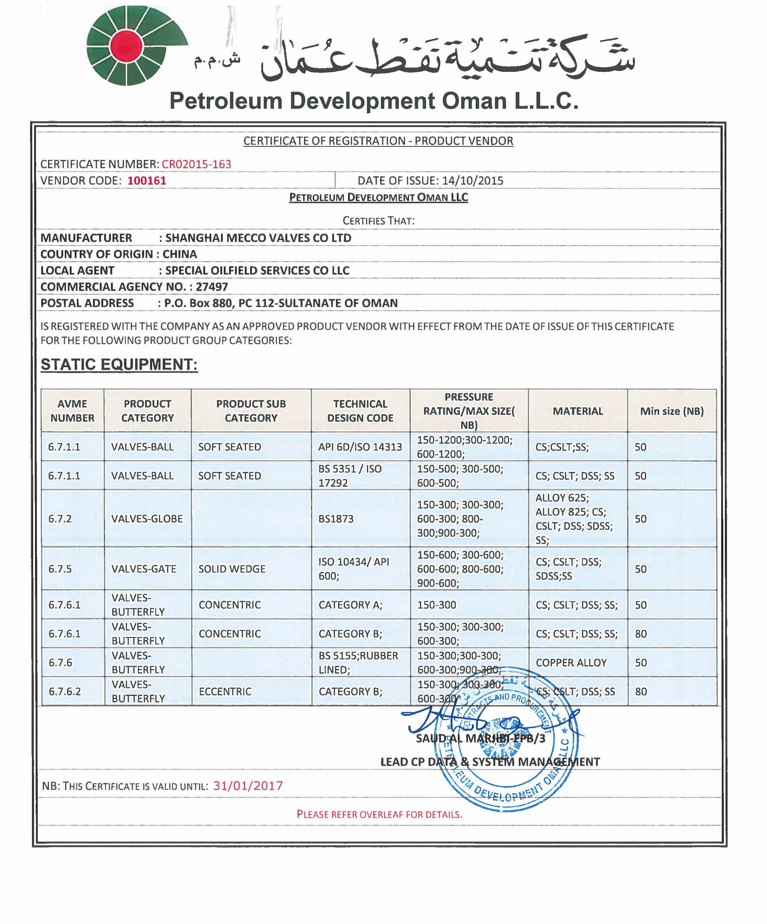 安曼PDO 批準證書